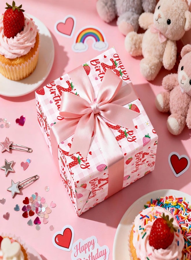 LeZakaa Happy 21st Birthday Wrapping Paper Roll, Strawberry & Pink Gingham Gift Wrap for Woman’s Twenty-First Age21 Birthday Party, Gifts & Celebrations, Mini Roll 17 in x 16.4 Ft - Image 4